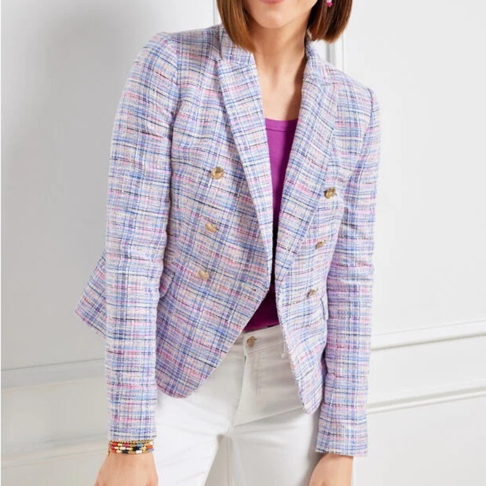 Talbots Tweed Bazer Multi-Plaid Pink and Blue 10 Gold Buttons